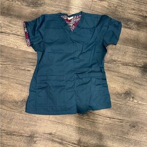 Women's Teal V-Neck Scrub Top with Floral Trim